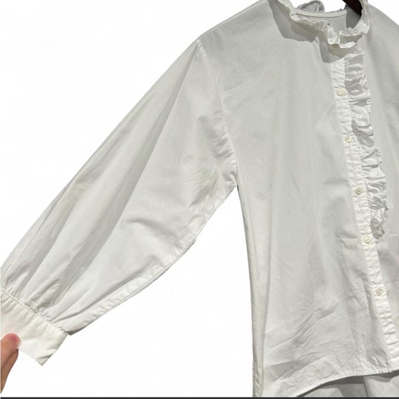 ZARA Poplin Ruffle 3/4 Long Sleeve Button Up Blouse | White | Size 10 - Picture 3 of 8